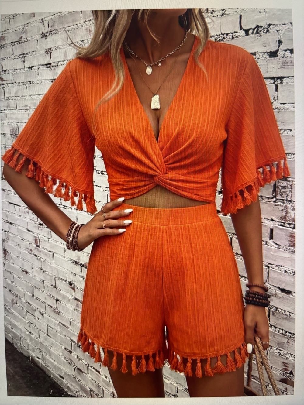 Women’s Fringe Trim Orange Two-Piece Crop Top & Shorts Set